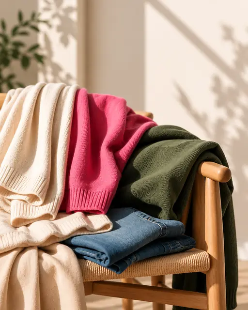 Maglioni colorati appoggiati su una sedia