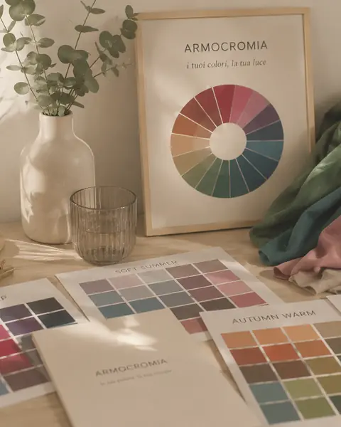 Palette di armocromia, drappi e ruota dei colori su un tavolo